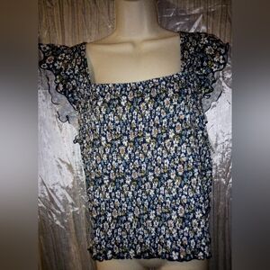 Old Navy Ladies Blue Floral Smocked Square Neck Ruffle Sleeve Top Size XL